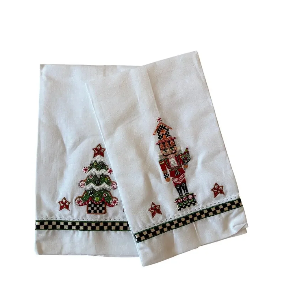 Mackenzie Childs Nutcracker & Tree Guest Towels Set of 2 Christmas Holiday Decor